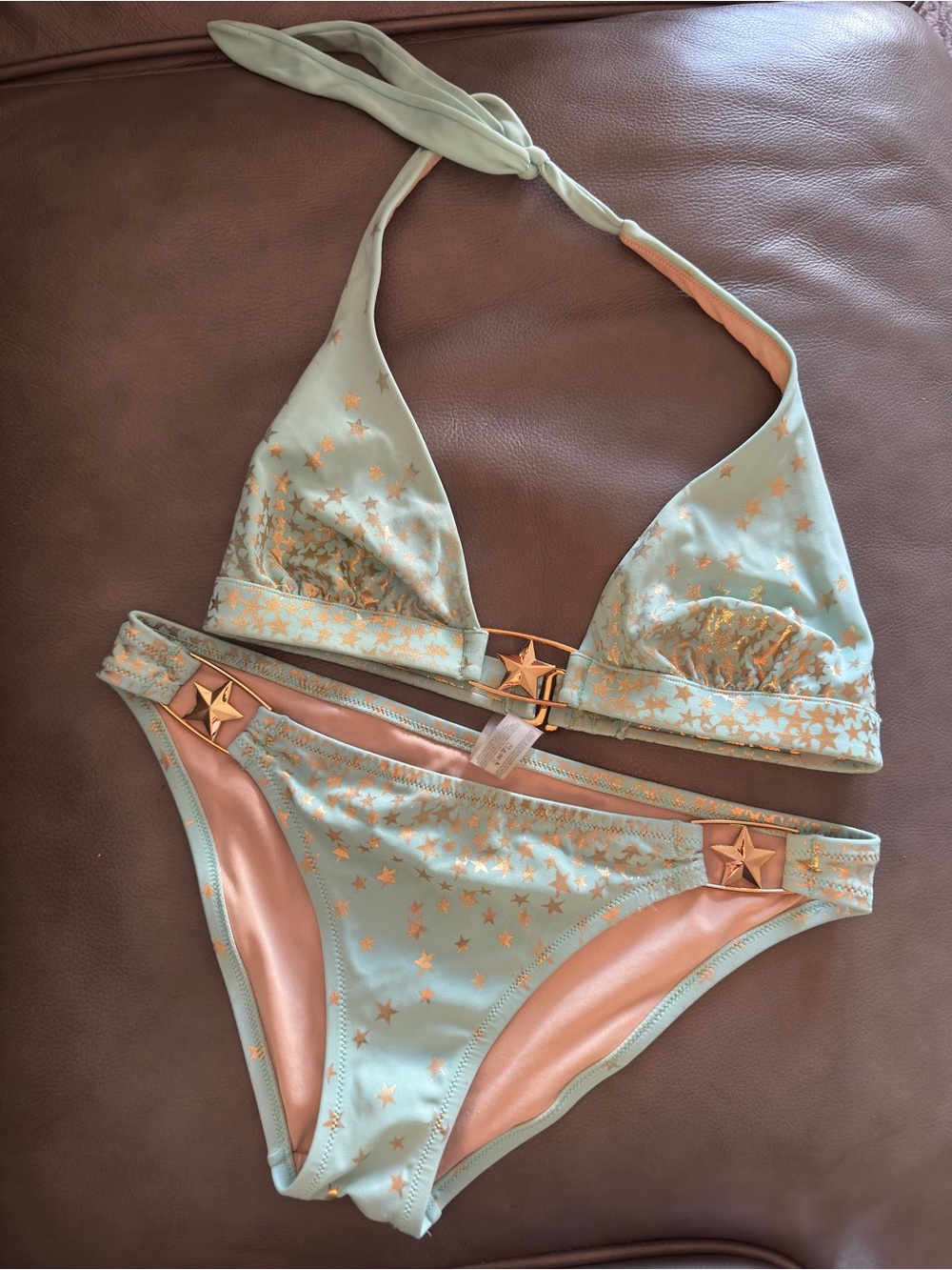 Mint Green Star-Print Bikini with Gold Star Accents Victoria secret size small